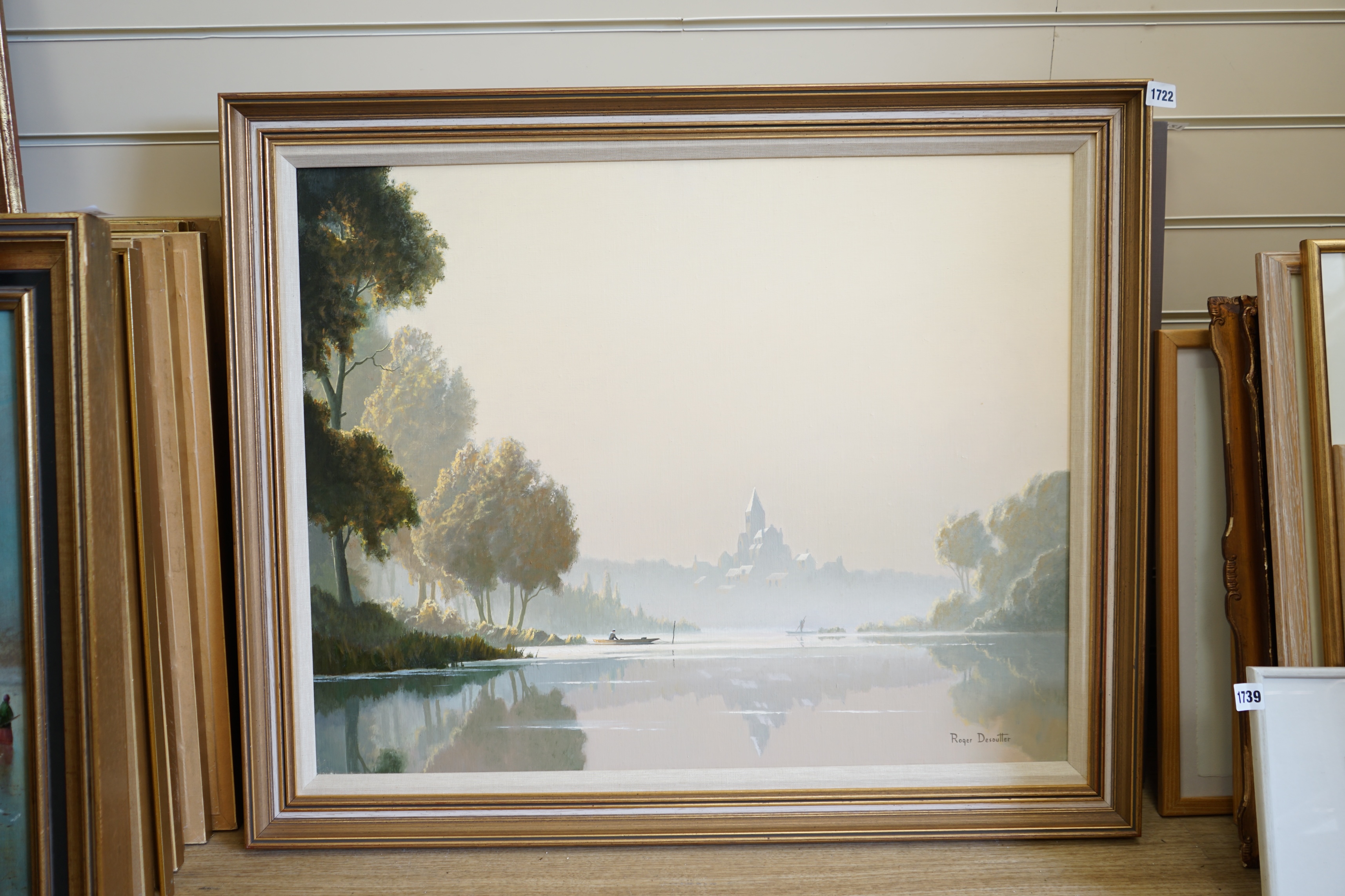 Roger Desoutter RSMA (1923-2020), oil on canvas, Misty tranquil river scene, a town beyond, signed, 60 x 75cm. Condition - good